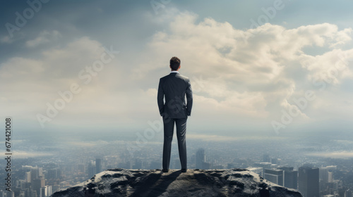 Back view of businessman that is standing on top and looking at distant city