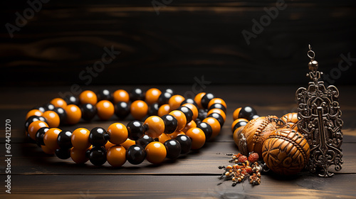 Beads with cross on the dark stone table background