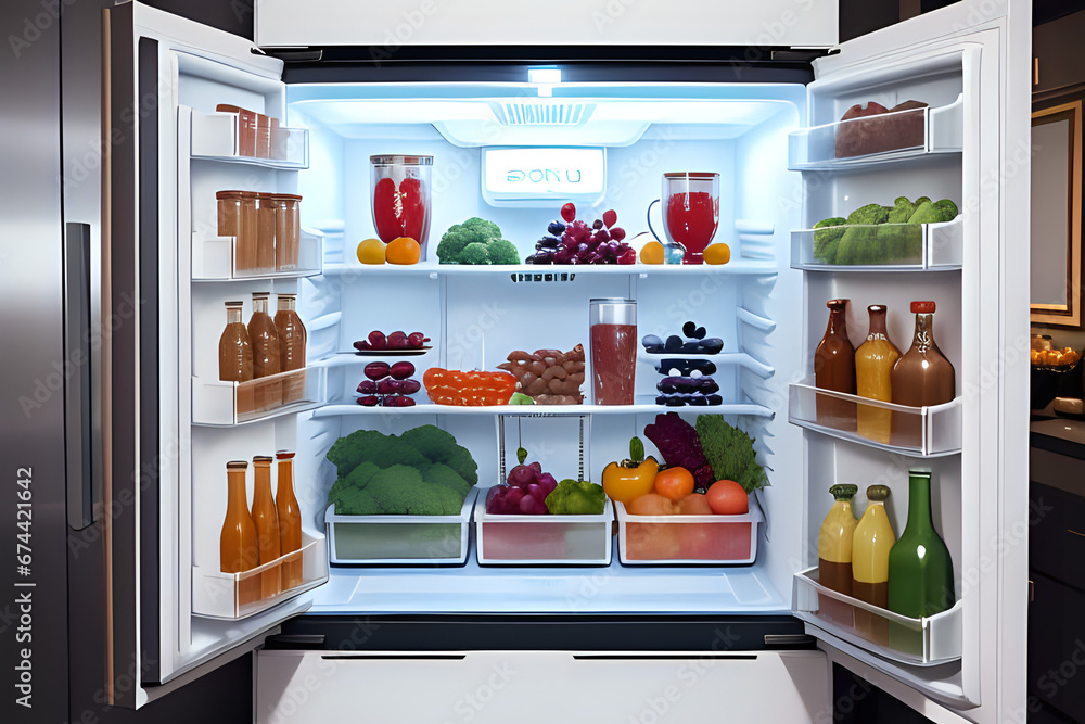 an open luxury refrigerator filled with lots of different types of food and drinks in it's door, with a shelf full of fruits and vegetables an open luxury refrigerator filled with lots of different types of food and drinks in it's door, with a shelf full of fruits and vegetables
