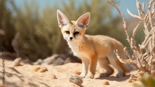 A Fennec Fox camouflaged in the desert terrain, its keen eyes on the lookout for prey.