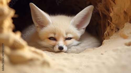 A Fennec Fox curled up in a cozy den, surrounded by soft sand.