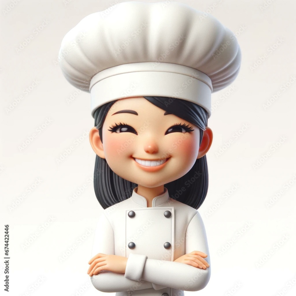 3D Caricature of East Asian Female Chef in Traditional Uniform, Culinary Expertise Highlight 3D Caricature of East Asian Female Chef in Traditional Uniform, Culinary Expertise Highlight