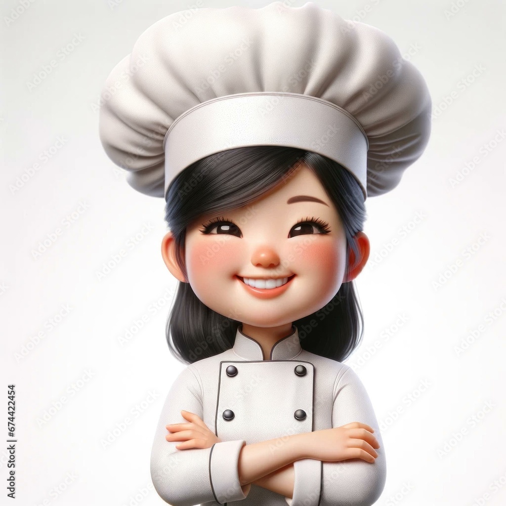 Animated Character of Joyful East Asian Female Chef in Classic Whites, Professional Kitchen Ready Animated Character of Joyful East Asian Female Chef in Classic Whites, Professional Kitchen Ready