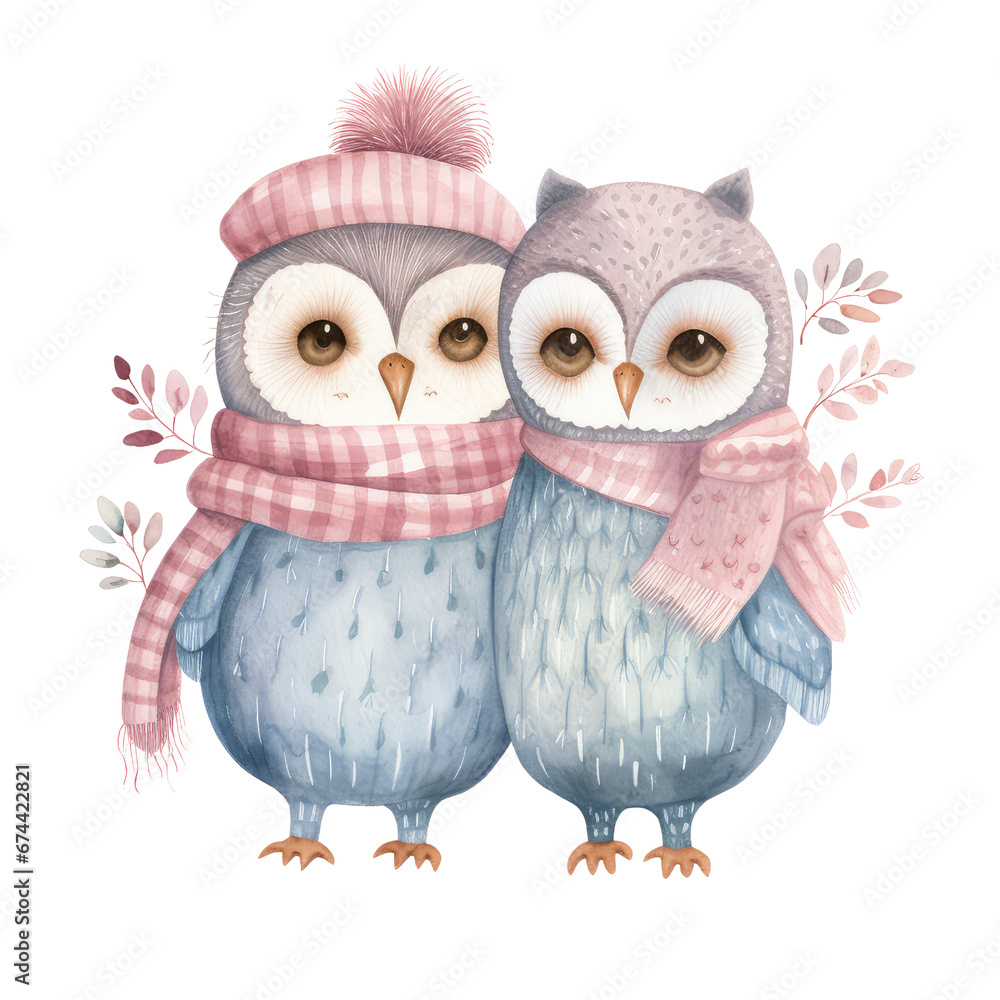 Fototapeta premium watercolor couple cute owl clipart