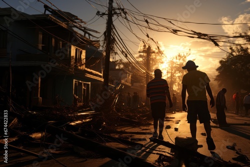 Obraz na plátně Residents returning to homes after hurricane at sundown