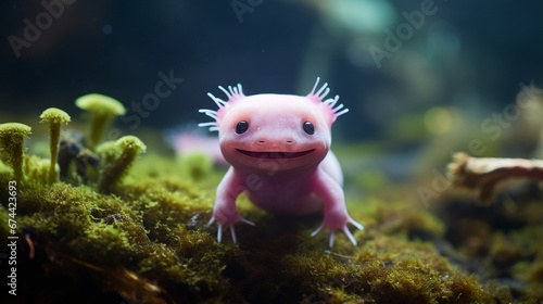 A full ultra HD image capturing an Axolotl's playful expressions as it explores its environment.