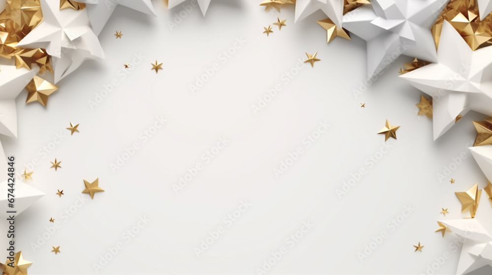 Christmas decoration on white background. Merry Christmas and Happy New Year text. Stars. Winter season sparkling ornaments