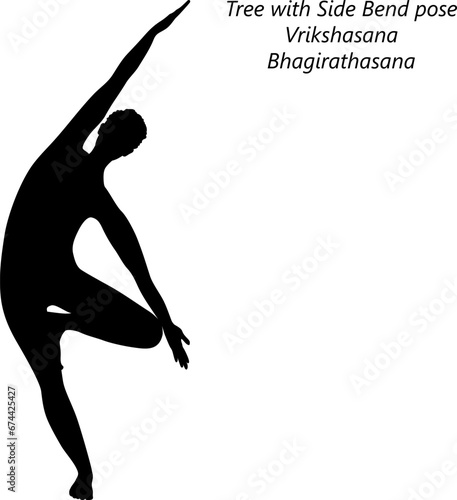 Silhouette of woman doing yoga Vrikshasana or Bhagirathasana. Tree with Side Bend or Bending Tree pose. Isolated vector illustration.