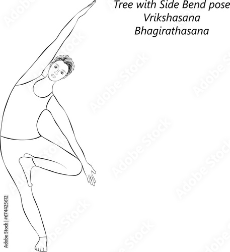 Sketch of young woman doing yoga Vrikshasana or Bhagirathasana. Tree with Side Bend or Bending Tree pose. Isolated vector illustration.