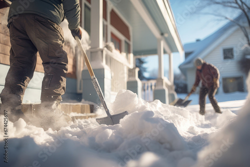 Unrecognizable persons and homeowners shoveling snow on house front porch in daytime © olga_demina