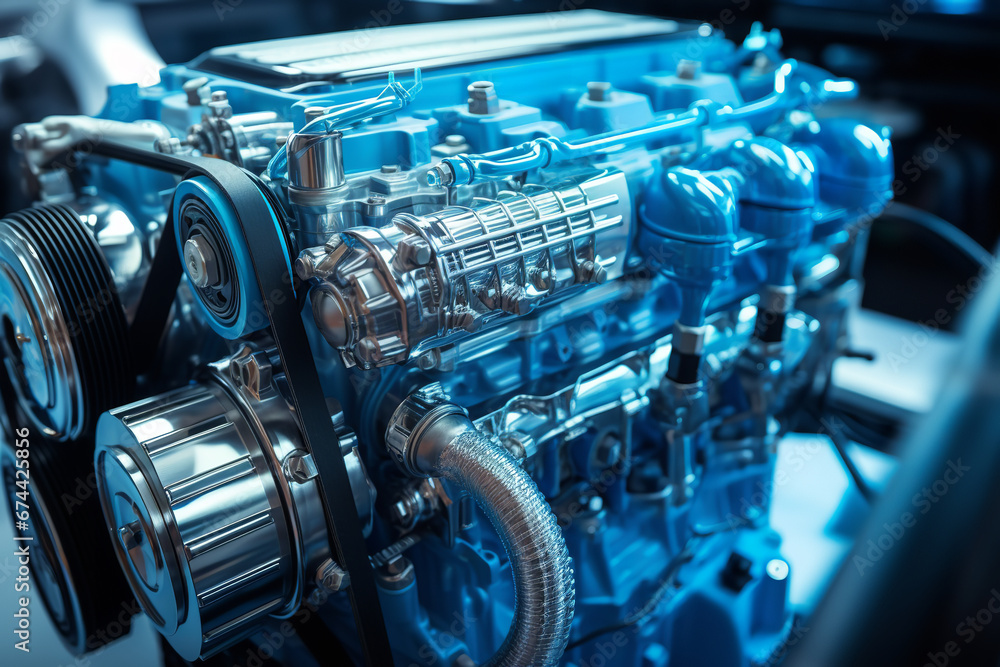  A close-up view of a hybrid car engine, gleaming components work harmoniously, signifying leaps in automotive technology for maximum fuel efficiency