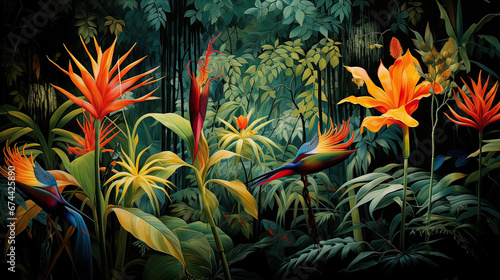 A bird of paradise plant subtly camouflaged amidst similarly vibrant tropical flora Ai Generative
