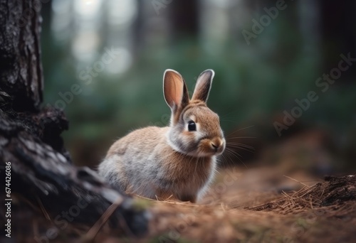 Rabbit forest nature outdoor. Cute wild mammal small fauna. Generate Ai