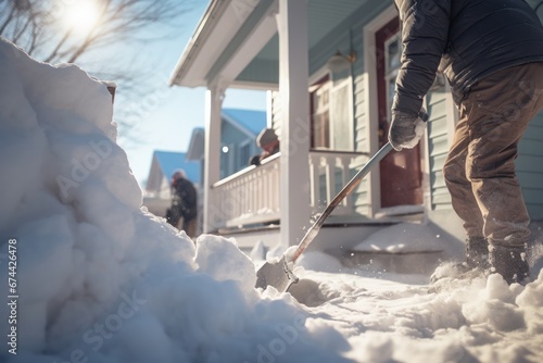Unrecognizable homeowner shoveling snow on porch in front of house in sunlight © olga_demina