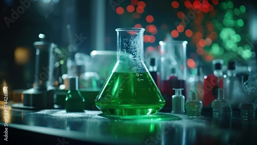 Detailed shot of a beaker filled with bubbling, green liquid, lit up by a string of colorful Christmas lights strung up above the lab equipment. photo