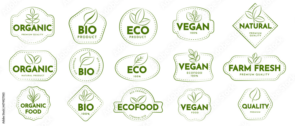 Set of Eco badges in frame. Farm Food stamps with leaves