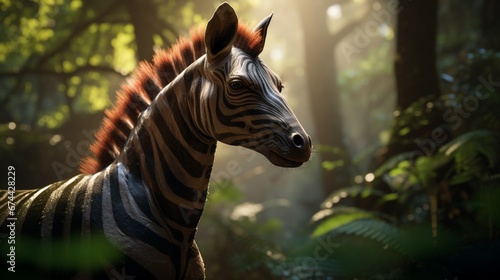 A majestic Okapi in its natural habitat  dappled sunlight filtering through the dense jungle leaves  its unique stripes illuminated in 8K  high detail  full ultra HD.