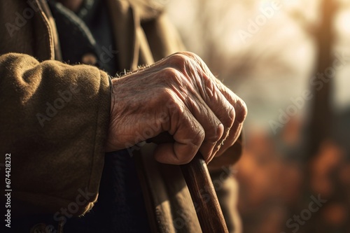Elderly hands man on cane walking. Retirement care adult male hand. Generate Ai