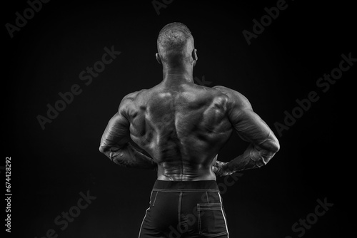 Silhouette of a strong bodybuilder. View from the back. Confident young fitness athlete with a powerful body and perfect abs. Black and white photography. © andy_gin