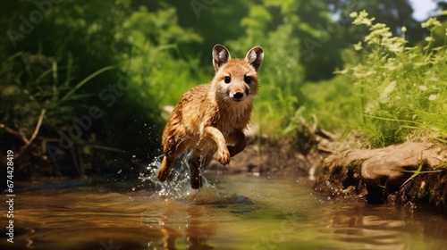 A Chinese Water Deer leaping gracefully over a small brook, showcasing its agility and beauty.