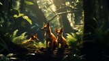 A Maned Wolf family playfully interacting in the lush underbrush of a rainforest, their long, slender legs in full view.