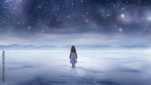 A girl walks on frozen ice lake looking into the distance at night