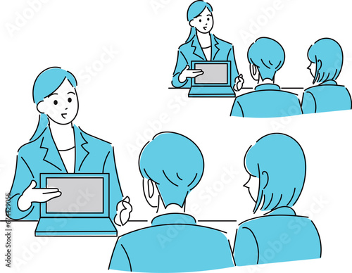 お客様の前で説明をする女性のイラスト