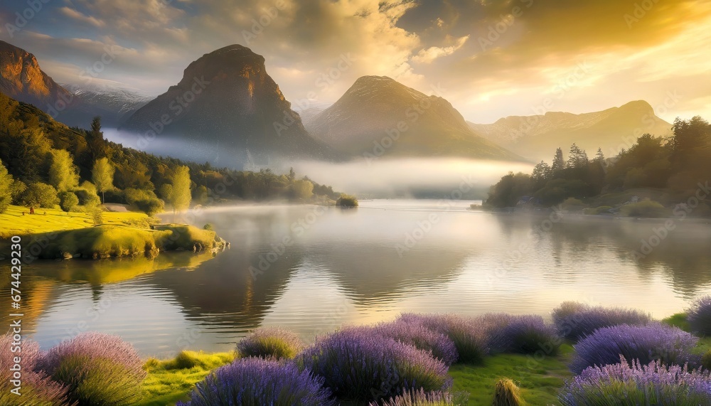 Peaceful landscape lake with mountain & cloudy skies at background Peaceful landscape lake with mountain & cloudy skies at background