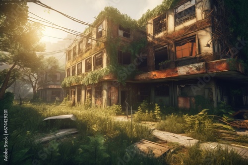 Ruined abandoned post-apocalypse city. Nature disaster urban ruin. Generate Ai