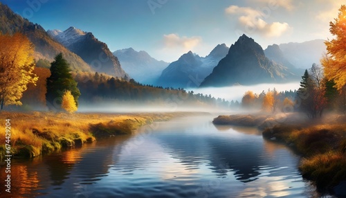 Peaceful landscape lake with mountain   cloudy skies at background