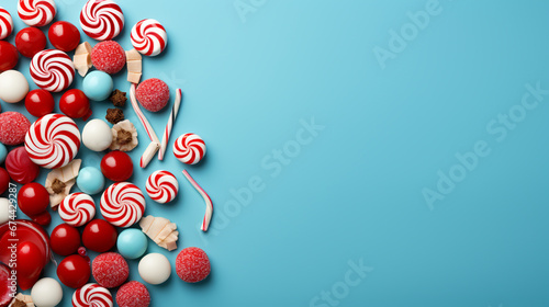 Vintage Christmas postcard design. Christmas candy canes on turquoise background.