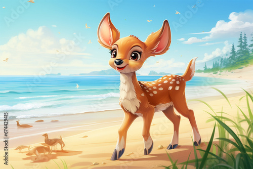 cartoon illustration of a cute deer on the beach