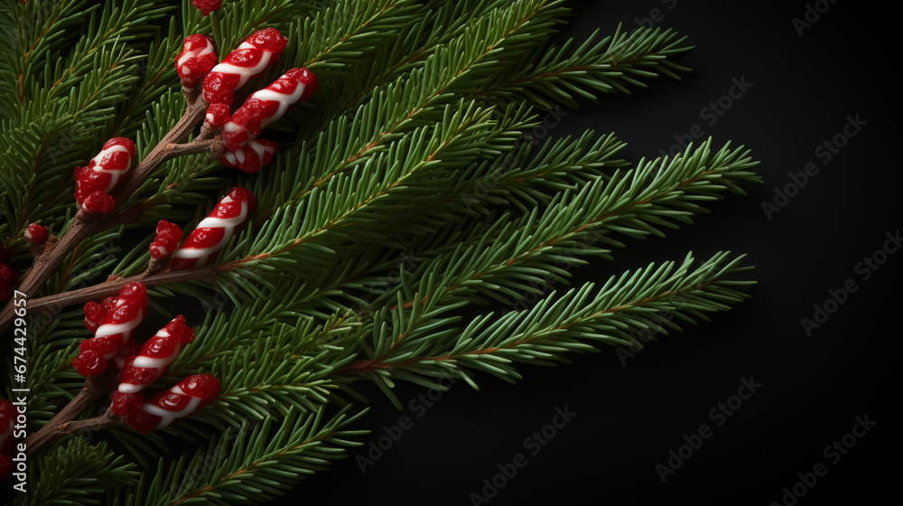 Black Christmas background. fir branches, Christmas balls and Candy canes. Copy space for text