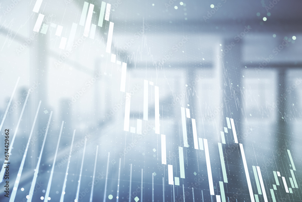 Double exposure of virtual creative financial diagram on empty room interior background, banking and accounting concept Double exposure of virtual creative financial diagram on empty room interior background, banking and accounting concept