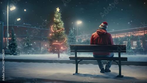 A solitary figure sitting on a park bench, wearing a lopsided Santa hat and a worn coat, watching children skate on an ice rink and smiling wistfully.