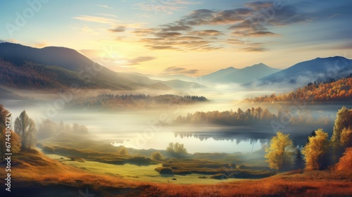 season autumn scene panorama landscape illustration nature ry, fog tree, sun misty season autumn scene panorama landscape