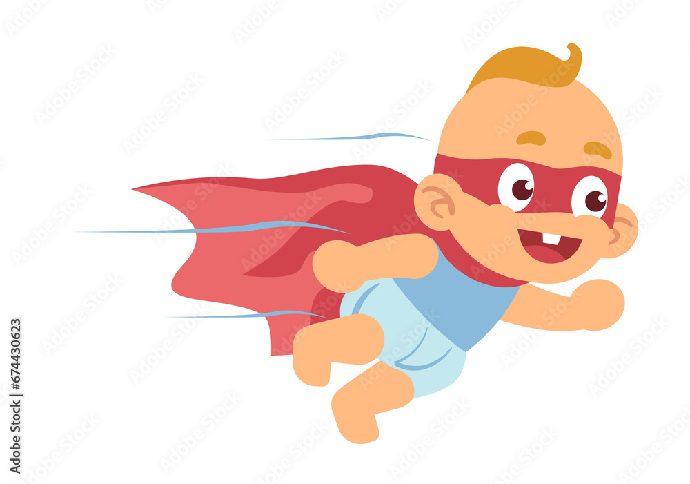 Baby superhero, little boy in red cape and mask flying. Super hero kid in diaper, justice fighter in cape speed running. Cartoon flat style isolated on white background png concept