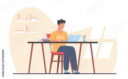 Concept of gaining knowledge online, young guy is being trained using laptop computer. Boy in headphones sitting at desk and doing homework with computer. png cartoon flat illustration