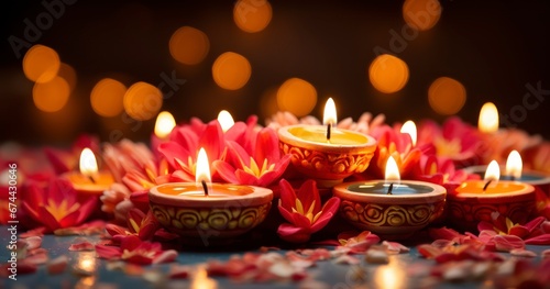 The Joyful Celebration of Diwali with Diyas and Florals. Generative AI © coco