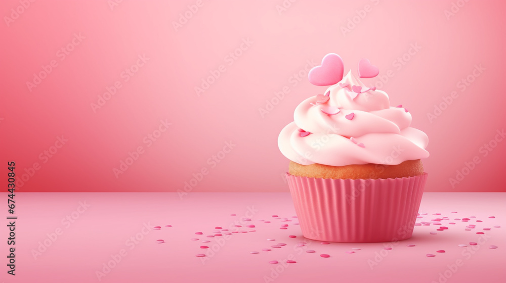 Cupcakes decorated with sugar hearts for Valentine's Day on red background Cupcakes decorated with sugar hearts for Valentine's Day on red background