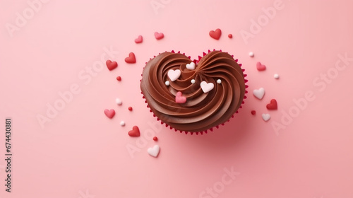Cupcakes decorated with sugar hearts for Valentine's Day on red background