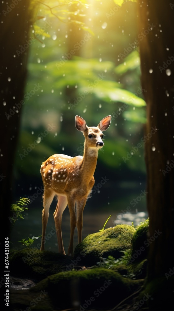 Fototapeta premium cute little sika deer playing happily in the forest