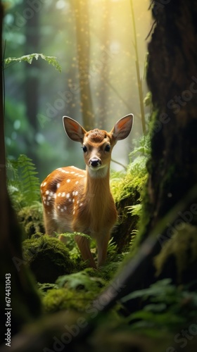 cute little sika deer playing happily in the forest photo