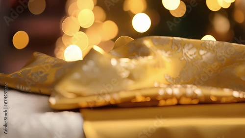 Rich and luxurious gold satin fabric, featuring a delicate brocade design that adds a regal touch to any Christmas setting.