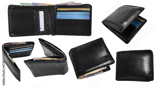 Set collection of men's black leather wallet with some money and cards in it, cut out photo