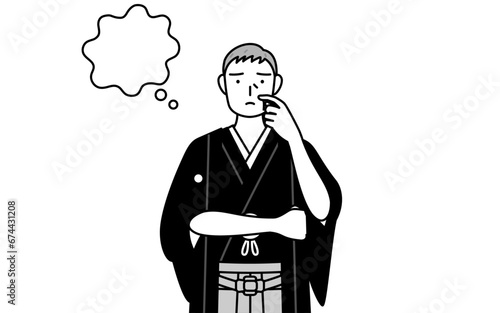 New Year's Day and weddings, Senior man wearing Hakama with crest thinking while scratching his face.