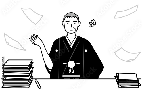 New Year's Day and weddings, Senior man wearing Hakama with crest who is fed up with his unorganized business.