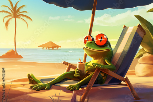 illustration of a cute frog on the beach photo