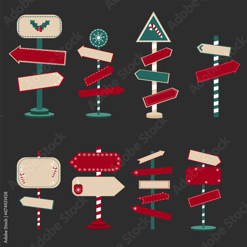 Set of road destination signs. Decoration elements for New Year and Christmas. 