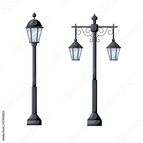 Set of vintage street lamps in cartoon style. Vector illustration of beautiful street lamps of different sizes and shapes isolated on white background. Lighting of streets and sidewalks.